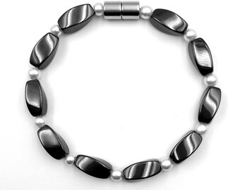 Magnetic Bracelet with Pearl and Twisted Hematite Magnetic Beads On 50 LBS Tested Jewelry Line and Powerful Magnetic Clasp #MHB-700P