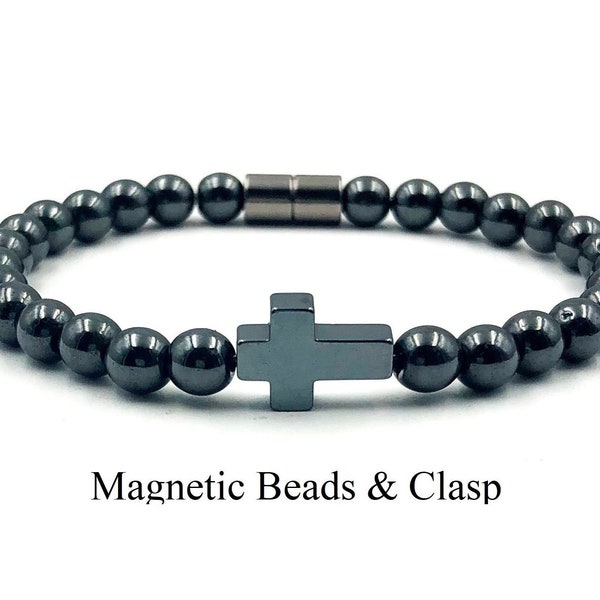Hematite Cross Magnetic Bracelet, Magnetic Hematite Bracelet, Magnetic Therapy Bracelet with 5000 Gauss Magnetic Clasp #MHB-21