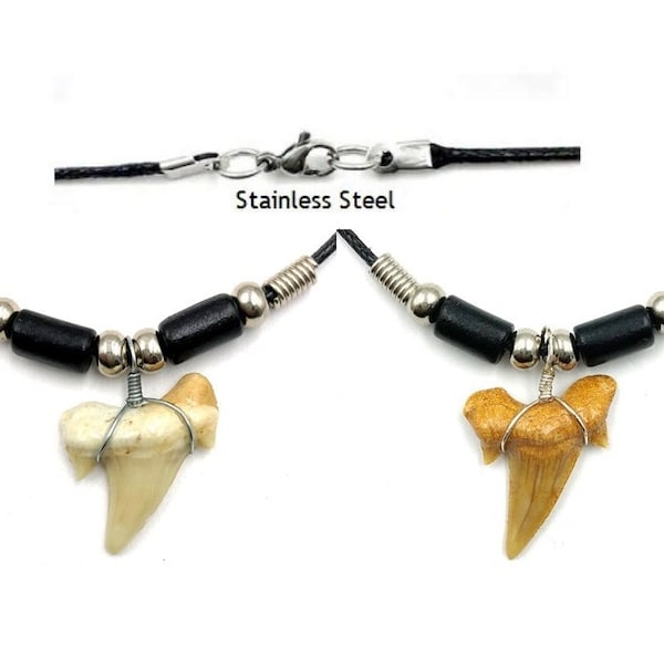 Natural Fossilized Shark Tooth Necklace Choice of Color Greek Ceramic & Metal Beads on Black Cord W/ Stainless-Steel Lobster Clasp #SHARK-2