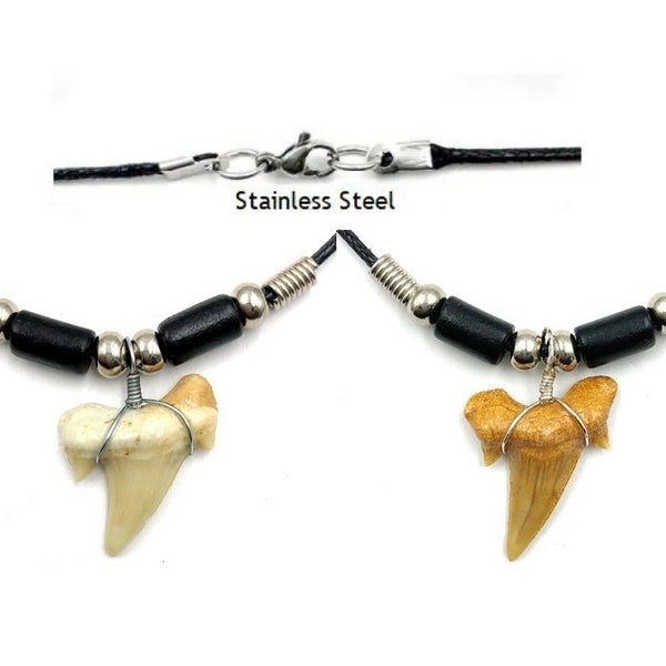 Natural Fossilized Shark Tooth Necklace Choice of Color Greek Ceramic & Metal Beads on Black Cord W/ Stainless-Steel Lobster Clasp #SHARK-2