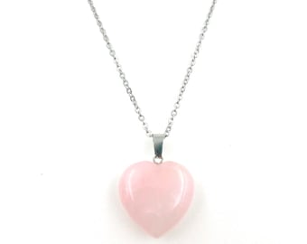 Rose Quartz Natural Stone Heart Pendant on Grade 316 Stainless Steel Chain and Lobster Clasp Semi Precious Gemstone Heart Necklaces #RQH-112