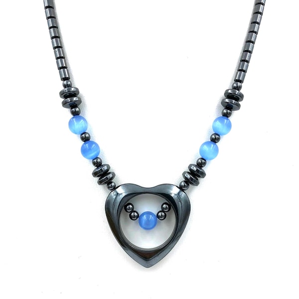 Magnetic Heart Hematite Necklace Therapeutic Magnetic Necklace with Open Heart and Blue Cat's Eye Fiber Optic Beads for Women #MHN-0101BL