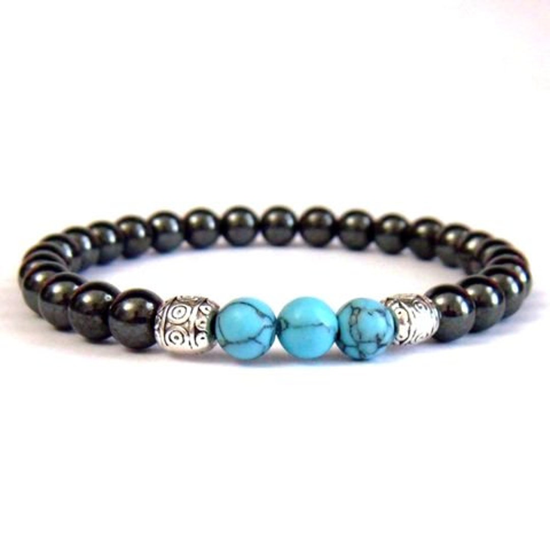 Turquoise Bracelet Hematite Beads Gemstone Etsy