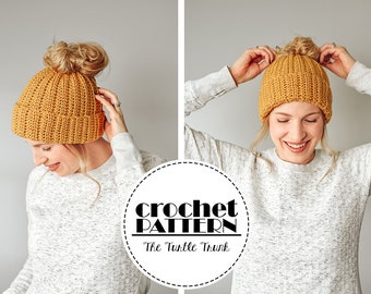 Easy Breezy Bun Beanie Crochet Pattern - Messy Bun Hat Crochet Pattern - PDF Digital Download