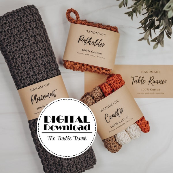 Handmade Dining Set Wrap Labels - Coaster, Placemat, Potholder, Table Runner Labels - PDF Digital Download