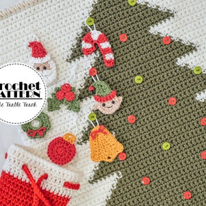 May include: A crochet Christmas tree wall hanging with a stocking and various ornaments, including a Santa, elf, candy cane, wreath, bell, and ornament. The ornaments are attached to the tree with buttons.
