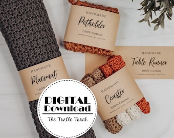 Handmade Dining Set Wrap Labels - Coaster, Placemat, Potholder, Table Runner Labels - PDF Digital Download