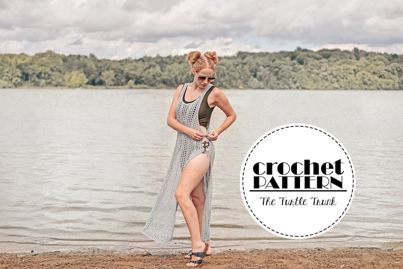 May include: A crochet pattern for a long, grey crochet dress with a side slit. The pattern is called "The Turtle Trunk".