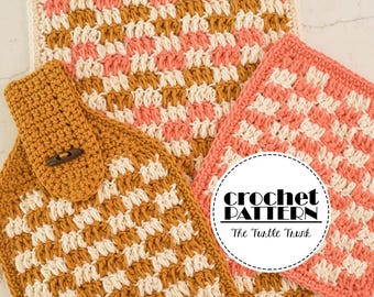 Checkered Dish Set Crochet Pattern - Crochet Dishcloth, Towel, and Hanging Towel Pattern - Digital Download