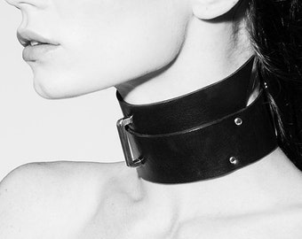 ISONOE・Leather Collar - Avant-garde Collar - Wide Choker - Minimalist - Fetish Fashion - Luxury - Genuine Black Leather