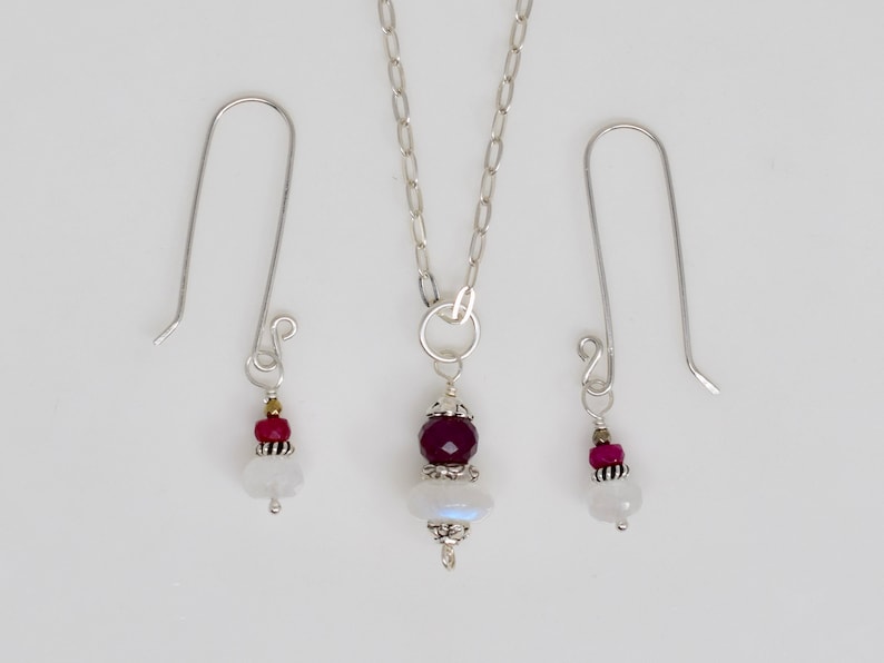 Rainbow Moonstone and Ruby Gemstone Pendant Red and White Sterling Silver Pendant MahiDesigns1 June July Birthstone Necklace Pendant
