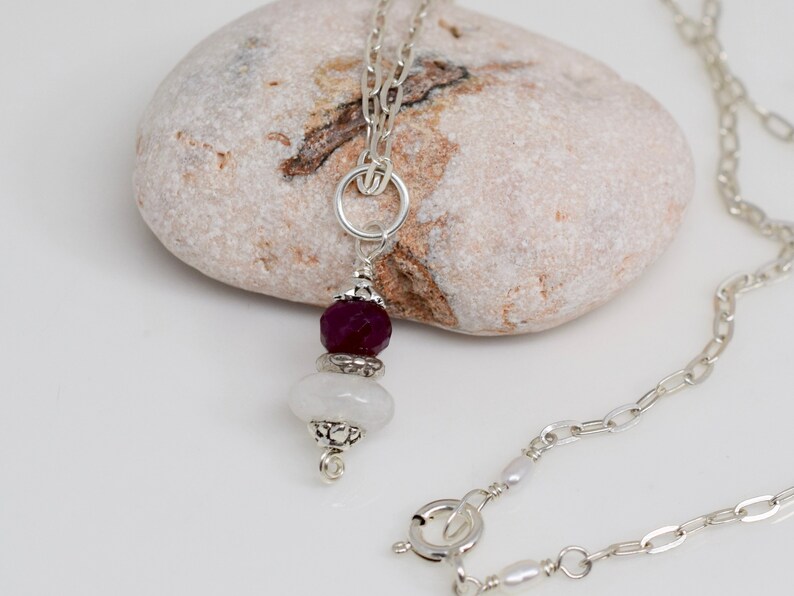 Rainbow Moonstone and Ruby Gemstone Pendant Red and White Sterling Silver Pendant MahiDesigns1 June July Birthstone Necklace Pendant