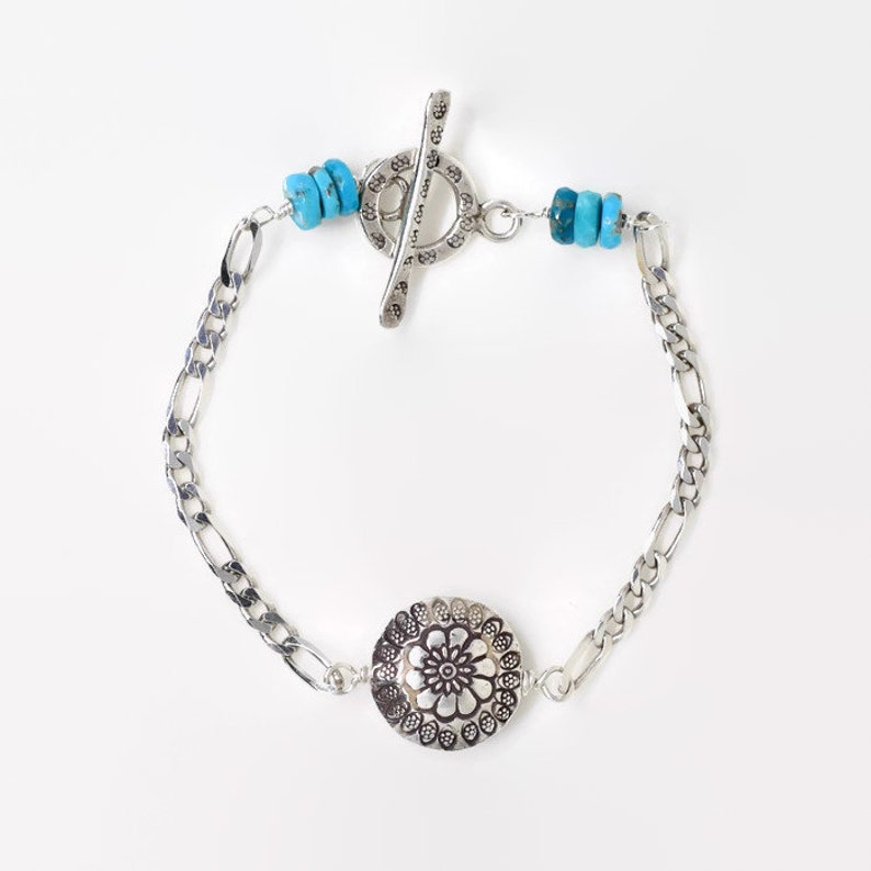 Beachy Chic Karen Hill Tribe Printed Bar and Toggle Clasp Sterling Silver Sleeping Beauty Turquoise Bracelet Heavy Figaro Chain