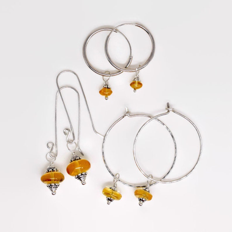 Your Choice of Matching Citrine Gemstone Charm Sets Hoop Earring Dangles November Birthstone 5mm 8mm or 10mm Citrine Silver Charms