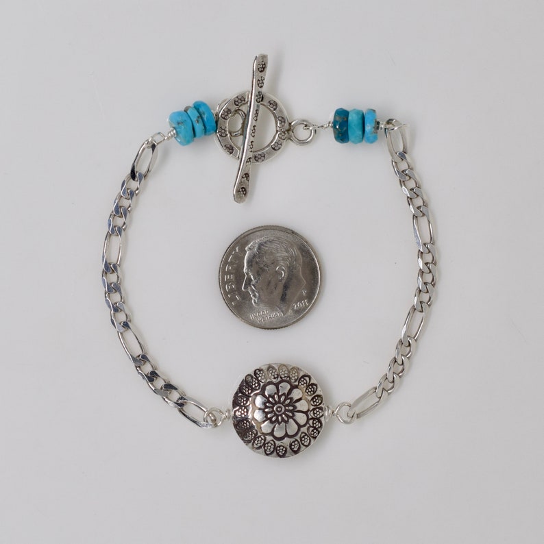 Beachy Chic Karen Hill Tribe Printed Bar and Toggle Clasp Sterling Silver Sleeping Beauty Turquoise Bracelet Heavy Figaro Chain