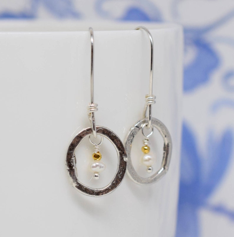 Dainty Sterling Silver Pearl Earrings Artisan Oval Hoops Etsy