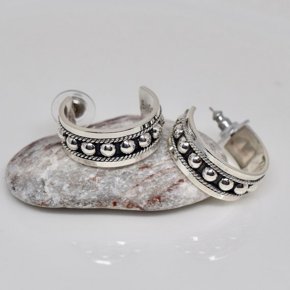 Vintage Mexican Half Hoop Earrings, Sterling Silv… - image 2