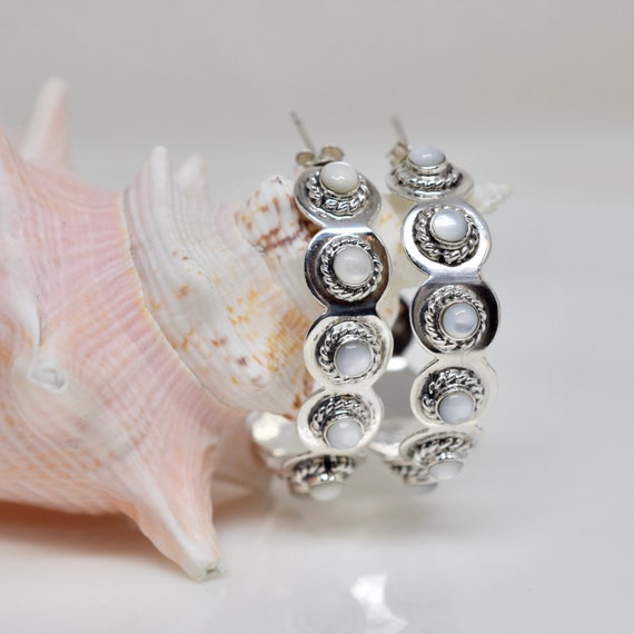Vintage Large Hoop Mother of Pearl Earrings, Sterl