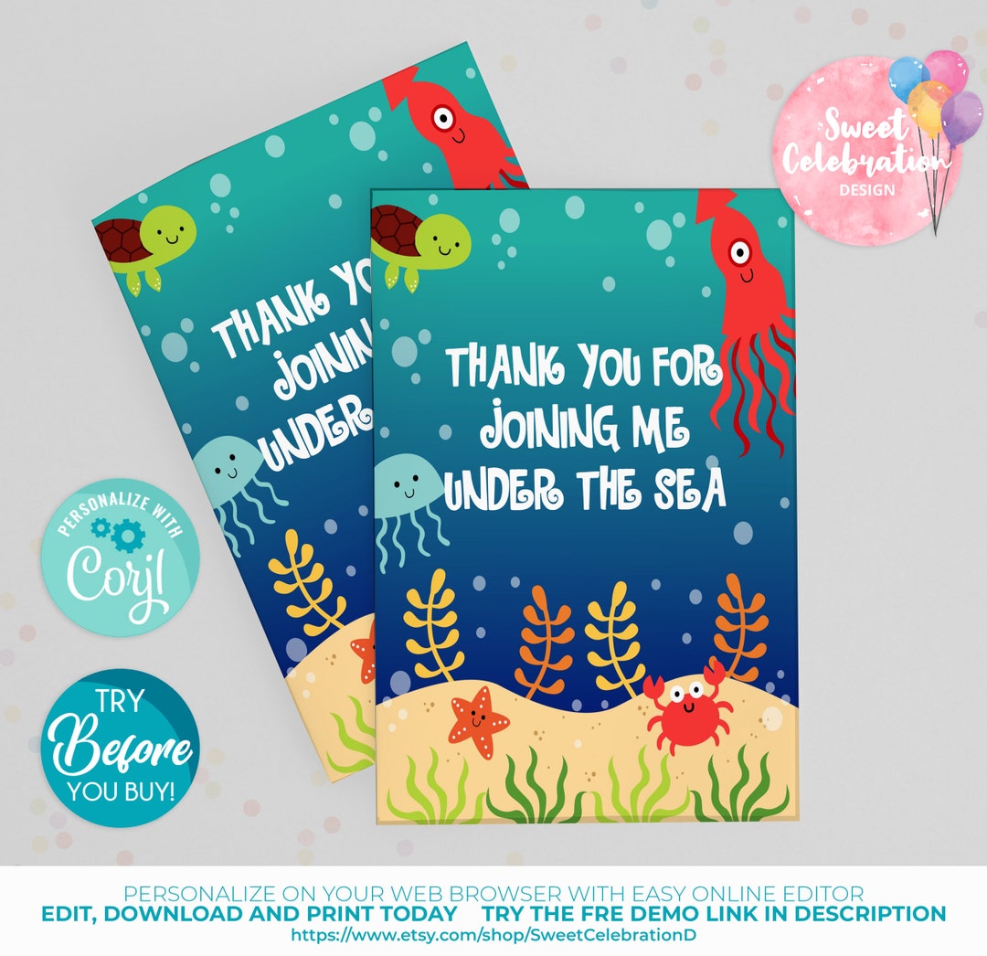 Under the Sea Thank You Editable Cards Instant Download - Etsy