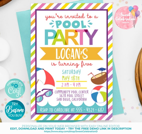 Pool Party Invitation Birthday Pool Party Invitation Pool - Etsy