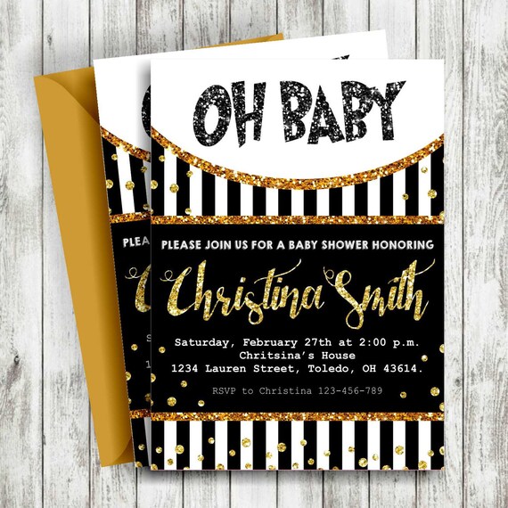 black white and gold baby shower invitations