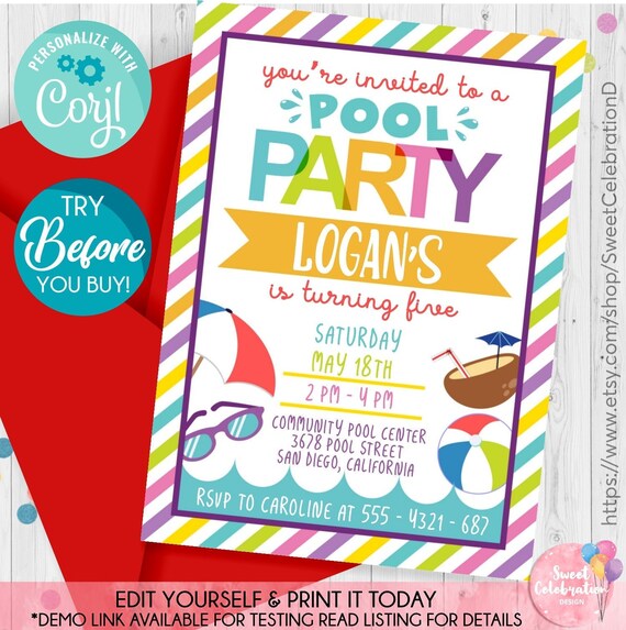 pool party invitation birthday pool party invitation pool party invite summer party kids birthday pool party invitations kid pool party invitation