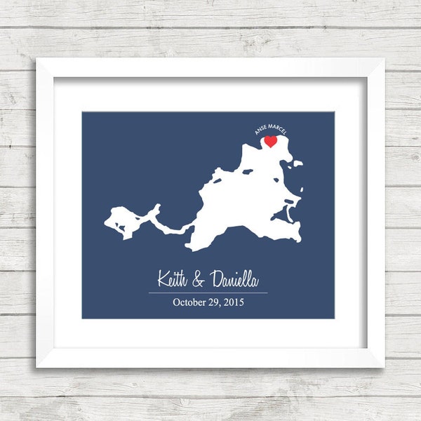 Saint Martin Love Map - Anse Marcel, Saint Martin - Caribbean - Destination/Beach Wedding - Eloped - Paper Anniversary - Mr and Mrs