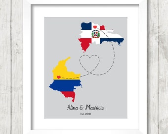 International Love Map - Two Countries, One Print - Santiago De Los Caballeros, Dominican Republic - Manizales, Caldas, Colombia - Colombian