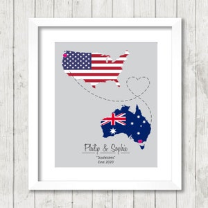 International Love Map - Two Countries, One Print - Salem, Oregon, USA - Melbourne, VIC, Australia - American - Aussie -Christmas Gift-Covid