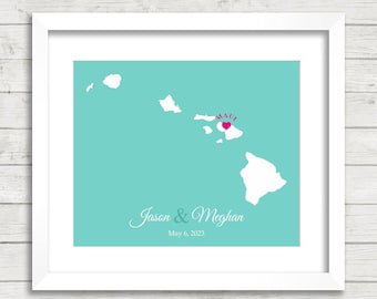 Hawaii Love Map - Maui, Hawaii - The Aloha State - Destination Wedding - Hawaii Honeymoon - Paper Anniversary - Hawaiian Islands - HI State
