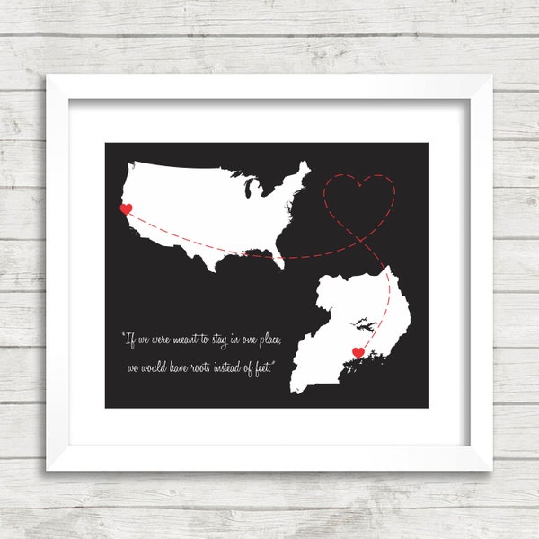 International Love Map - Two Countries, One Print - San Francisco, California, USA - Kampala, Uganda - New Beginnings - African Roots