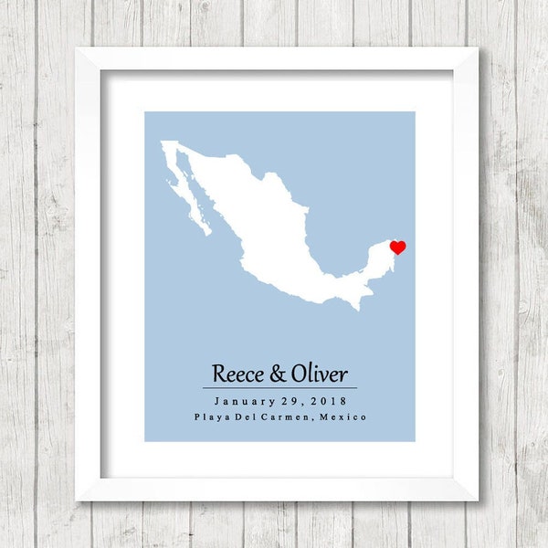 Mexico Love Map - Playa del Carmen, Riviera Maya - Mexican Wedding - Destination Wedding - Beach -Paper Anniversary - Mexican Honeymoon