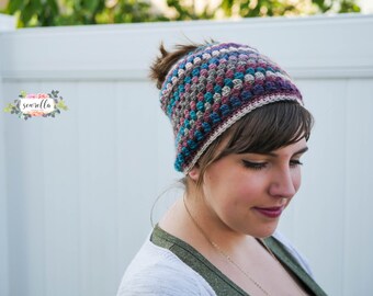 Crochet Bun Beanie Hat PATTERN pdf instant digital download messy bun mom bun ponytail winter hat puff stitch