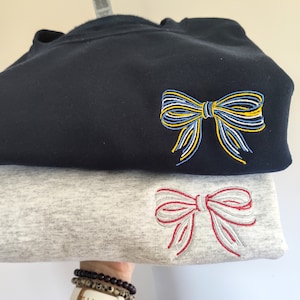 Custom College Sweatshirt with Bow, Name on Sleeve Sweatshirt, Bow Sweatshirt Custom School Colors