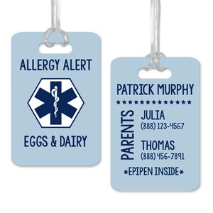 Allergy Alert Food Allergy, Personalized Medical Bag Tag, Allergy Card, Allergy Warning for Backpack
