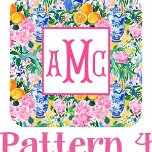 The image is a vibrant and colorful collage featuring a repeating pattern of flowers, oranges, and blue and white vases. The pattern is framed by a pink square with the initials "AMC" in the center. The text "Pattern 4" is also present in the image.