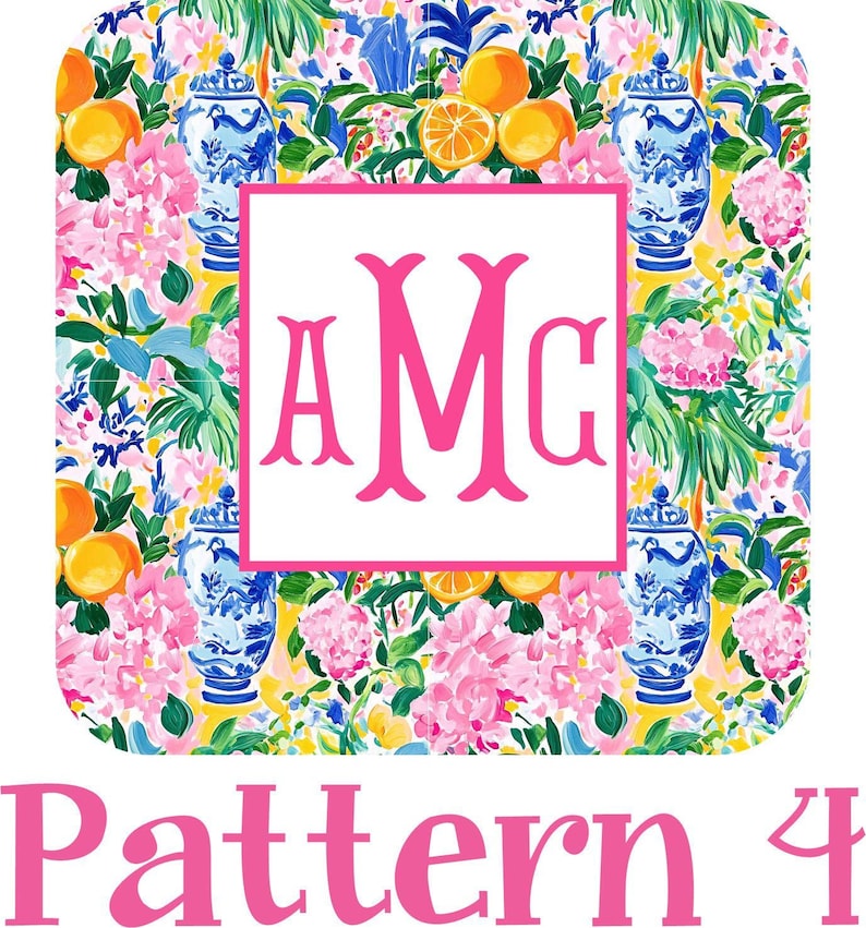 The image is a vibrant and colorful collage featuring a repeating pattern of flowers, oranges, and blue and white vases. The pattern is framed by a pink square with the initials "AMC" in the center. The text "Pattern 4" is also present in the image.