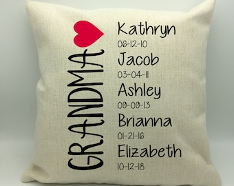 Grandma Pillow With Grandchildrens Names And Birth Dates, Grandkids Pillow For Mother's Day