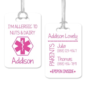 Allergy Alert Food Allergy, Personalized Medical Bag Tag, Allergy Card, Allergy Warning for Backpack
