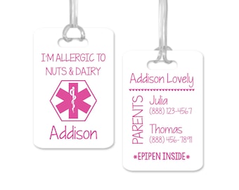 Allergy Alert Food Allergy, Personalized Medical Bag Tag, Allergy Card, Allergy Warning for Backpack