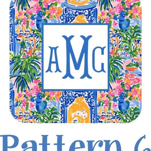 The image is a square with a floral pattern and a monogrammed logo. The monogram is "A Mc Pattern 6".