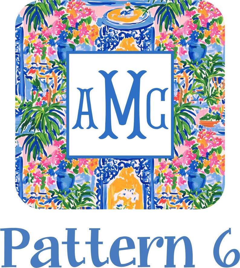 The image is a square with a floral pattern and a monogrammed logo. The monogram is "A Mc Pattern 6".