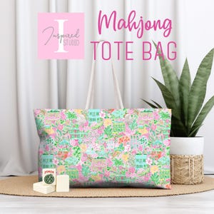 Weekender Tote Bag, Mahjong Print | Spun Polyester | Cream Lining, Rope Handles, T-Bottom