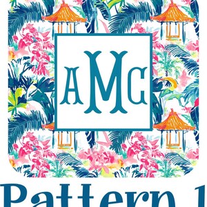 The image is a collage of various tropical elements, including palm trees, flowers, and a patterned background. The central focus is a large monogrammed logo with the initials "AMC" displayed prominently. The text "Pattern 1" is also visible, indicating the pattern or series of images within the collage.