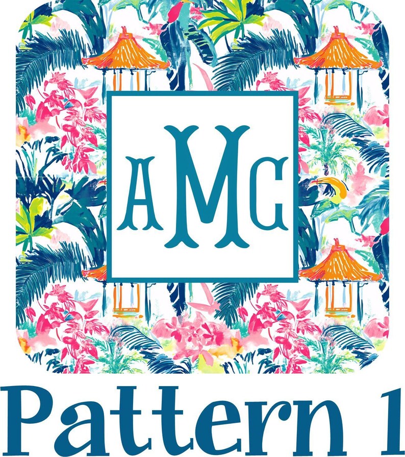 The image is a collage of various tropical elements, including palm trees, flowers, and a patterned background. The central focus is a large monogrammed logo with the initials "AMC" displayed prominently. The text "Pattern 1" is also visible, indicating the pattern or series of images within the collage.
