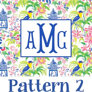 Puede incluir: Un patr&oacute;n vibrante con un fondo blanco, pagodas azules, p&aacute;jaros y flores rosas. Un rect&aacute;ngulo blanco en el centro muestra las letras azules "AMC". El texto "Pattern 2" est&aacute; en la parte inferior en azul.