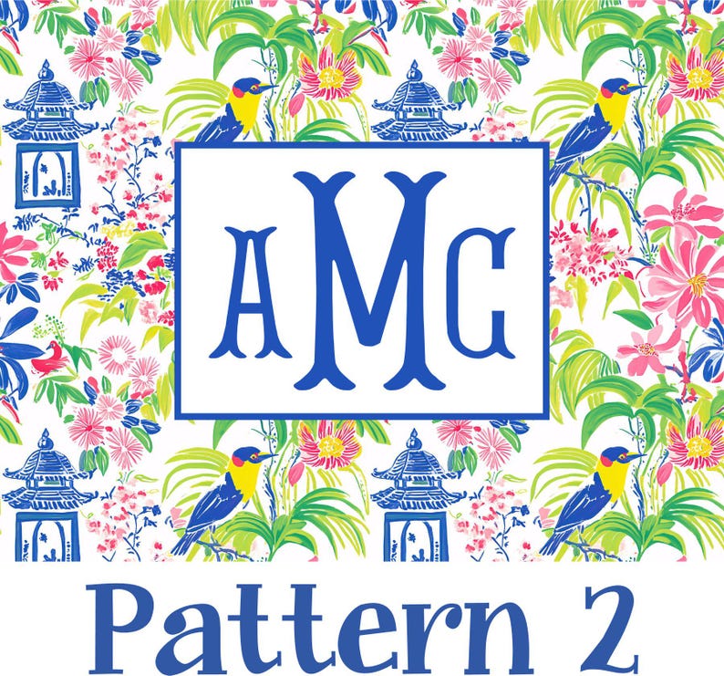 Puede incluir: Un patr&oacute;n vibrante con un fondo blanco, pagodas azules, p&aacute;jaros y flores rosas. Un rect&aacute;ngulo blanco en el centro muestra las letras azules "AMC". El texto "Pattern 2" est&aacute; en la parte inferior en azul.