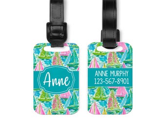 Monogram Luggage Tag | Lily Inspired | Aluminum ID Plaque - Black Leather Strap, Personalized