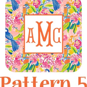 The image is a vibrant and colorful collage featuring a repeating pattern of flowers, leaves, and birds. The pattern is predominantly pink, orange, and green, creating a lively and energetic visual effect. The text "Pattern 5" is prominently displayed in the bottom right corner of the image.