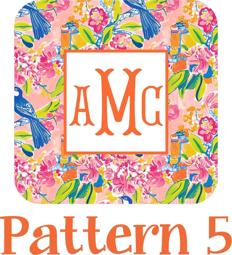 The image is a vibrant and colorful collage featuring a repeating pattern of flowers, leaves, and birds. The pattern is predominantly pink, orange, and green, creating a lively and energetic visual effect. The text "Pattern 5" is prominently displayed in the bottom right corner of the image.